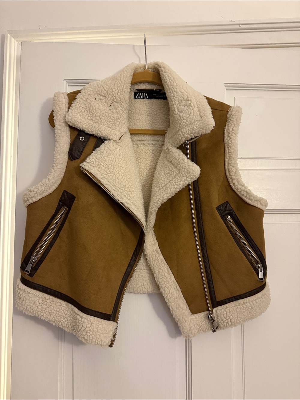 Zara Brown and Cream Faux-Shearling Moto Vest